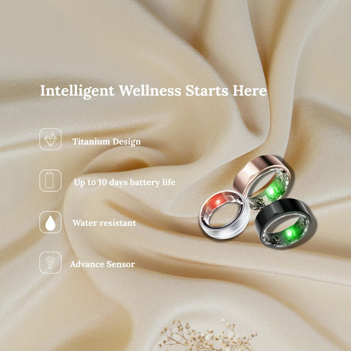 JupiterCore smart ring showcasing sleek titanium design, water resistance, advanced sensor, and 10-day battery life