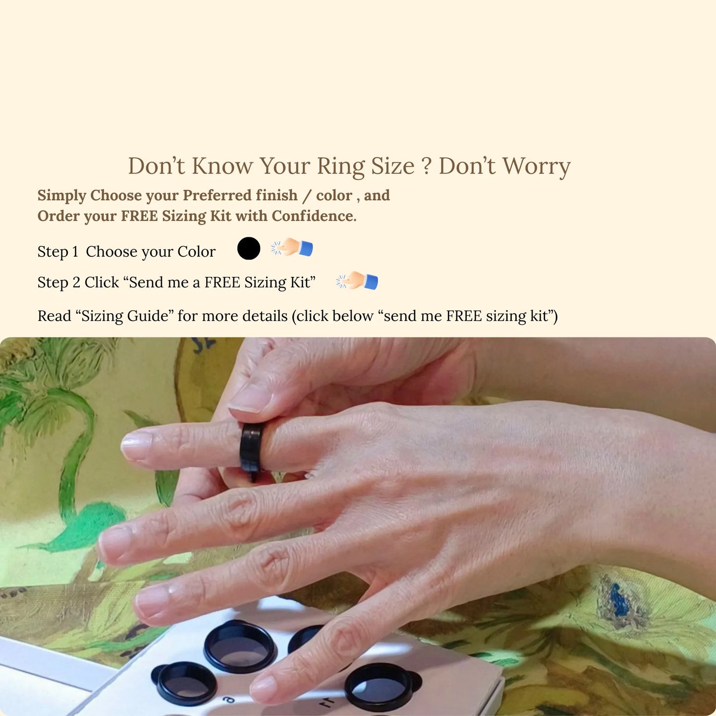 Visual showing JupiterCore Smart Ring free sizing kit offer, helping customers find their perfect fit before ordering the luxury smart wellness ring
