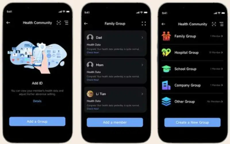 JupiterCore app screenshot showing user-friendly wellness dashboard, allowing family and group health tracking in real-time