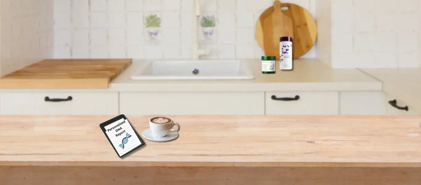 A clean kitchen top showing in myfitgenes wellness solution can be simple as it is personalized tailored to you