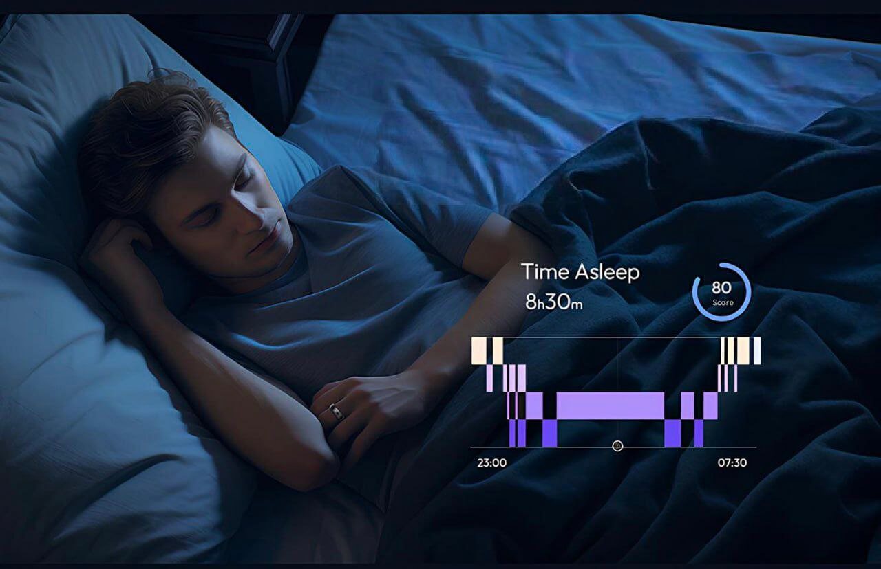 Man sleeping peacefully while JupiterCore Smart Ring automatically tracks 8.5 hours of sleep using invisible light