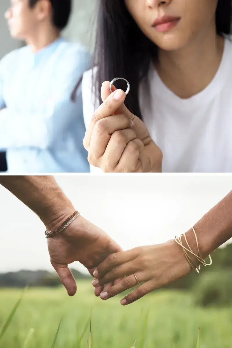 Couple sitting apart-stress-anxious-then holding hands-symbolizing emotional healing and renewed connection-DNA test-mental health | myfitgenes