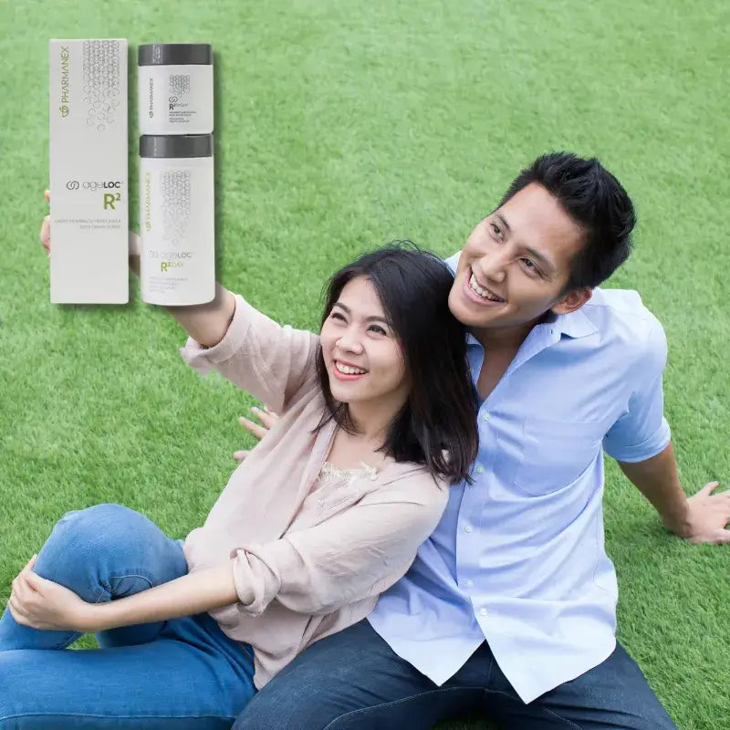 Happy couple symbolizing ageLOC R2 supplements for men's testosterone support, reproductive health, and vitality
