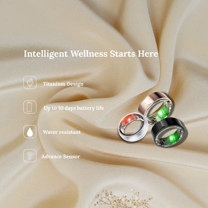 JupiterCore smart ring showcasing sleek titanium design, water resistance, advanced sensor, and 10-day battery life