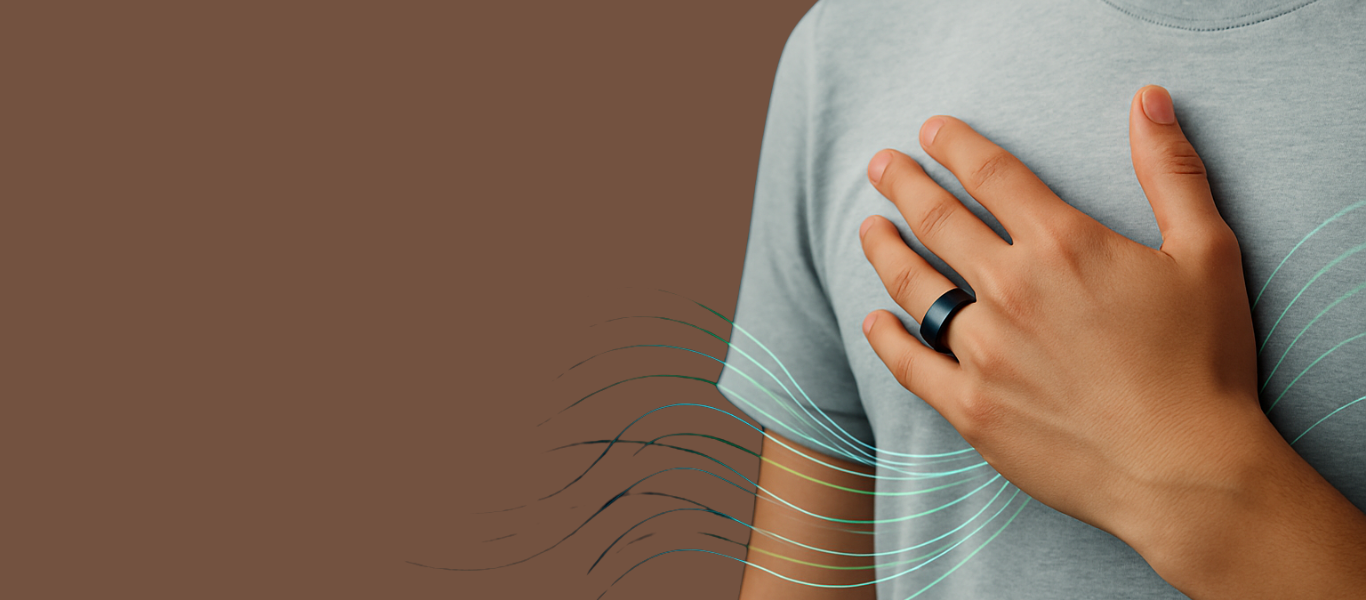 A hand wearing JupiterCore smart ring put on the chest 