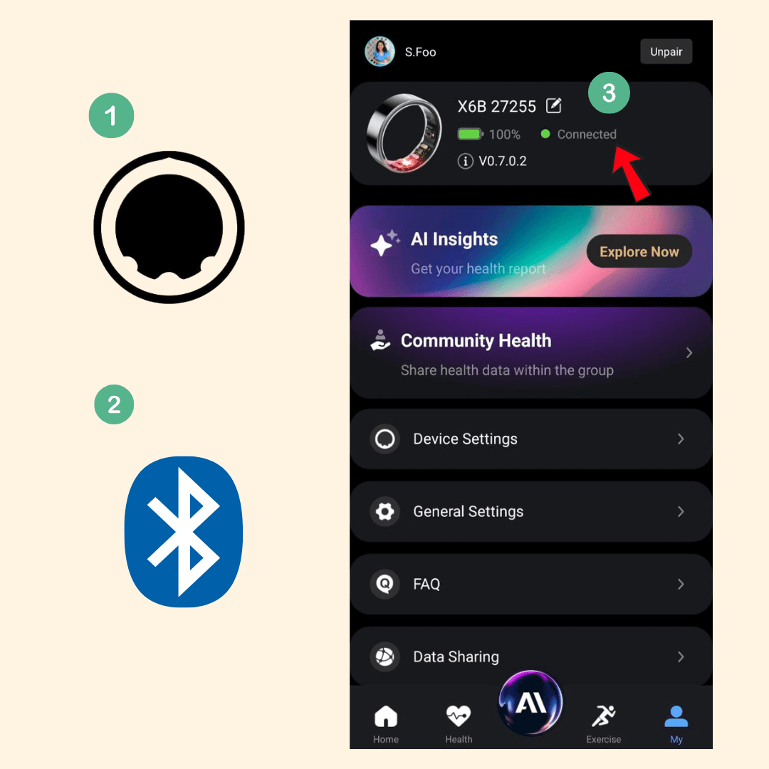 image of download JC ring app and connect to bluetooth in setup guide by myfitgenes