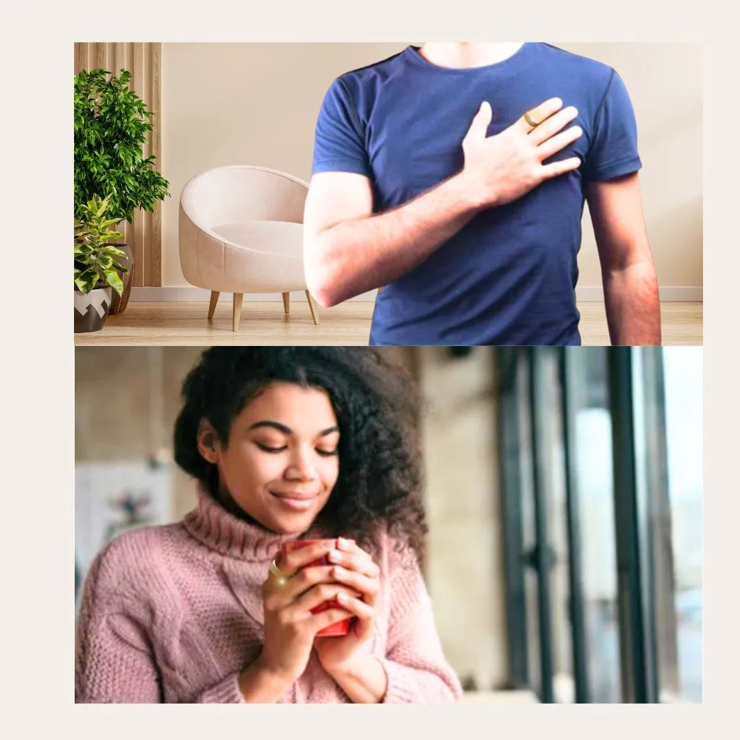 A guy & a girl with hands on heart-listen to your body & track HRV with JupiterCore smart ring for emotional and heart health