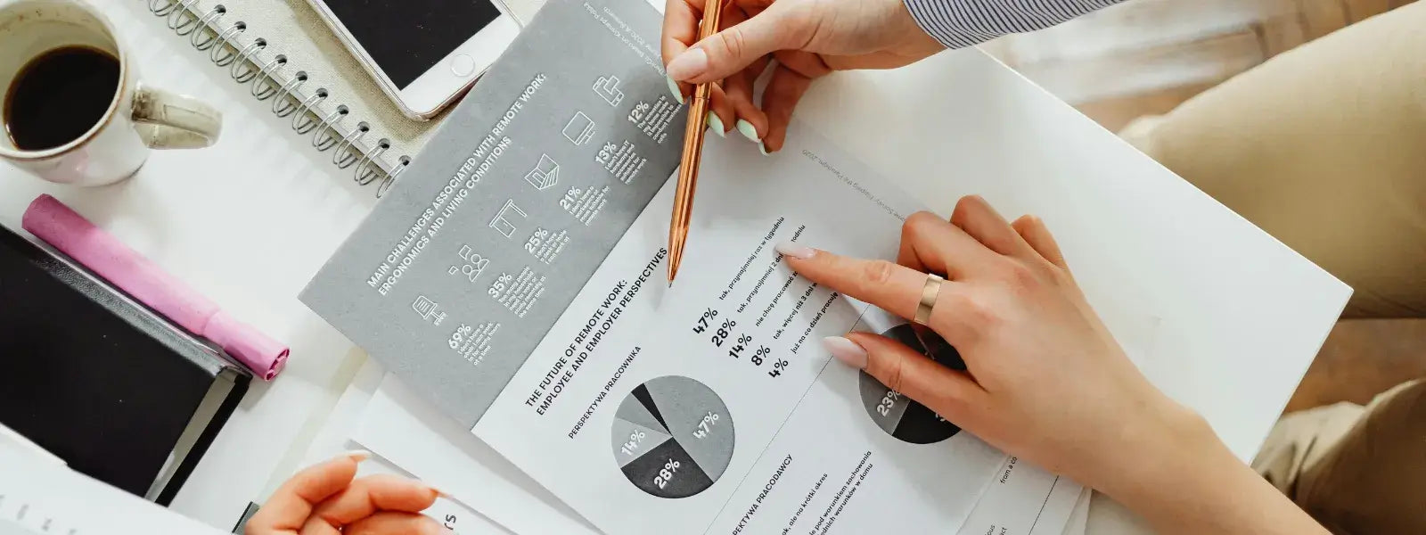 Hands analyzing corporate benefits and productivity data, showcasing JupiterCore smart rings impact on team performance.