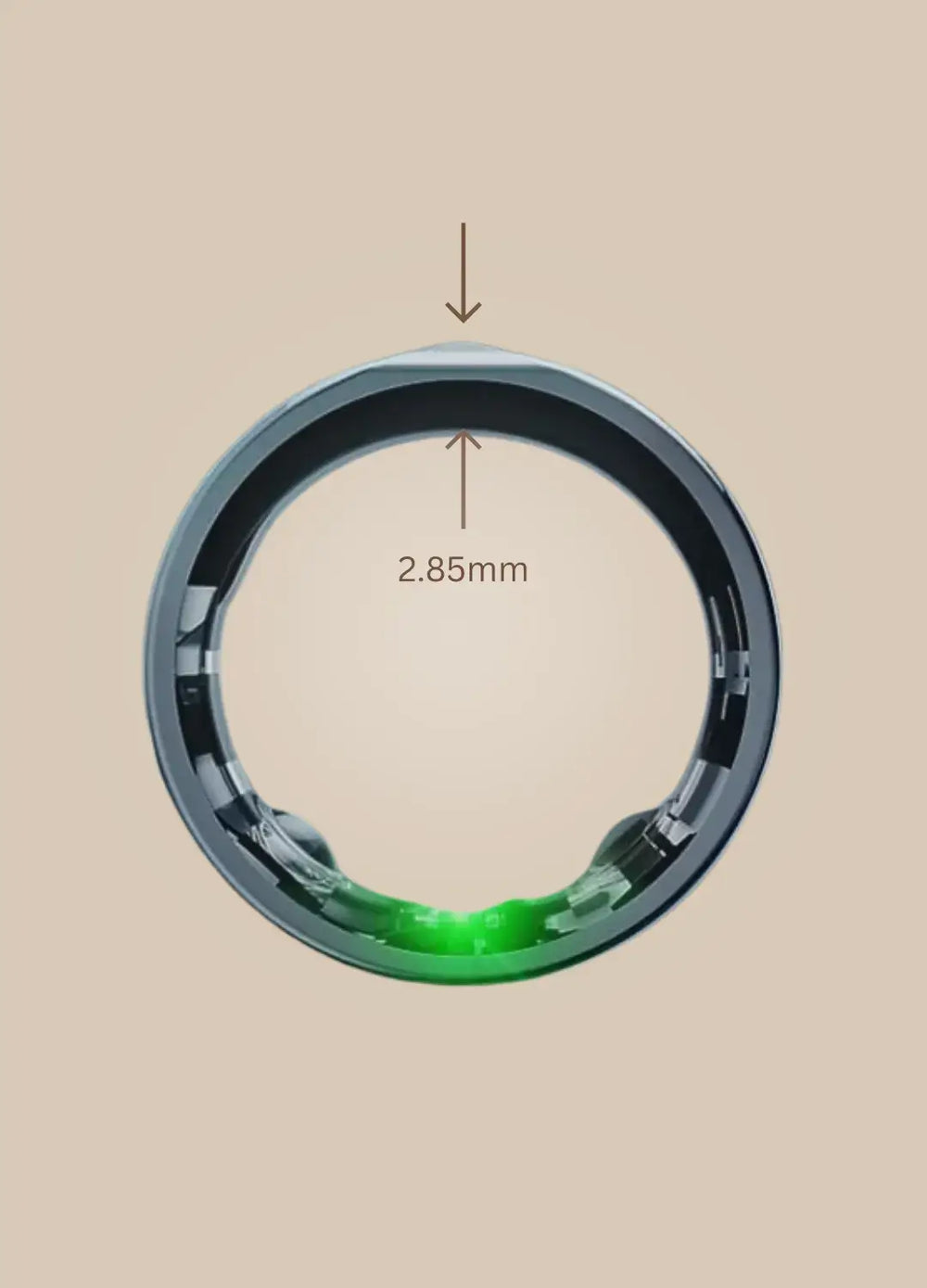 Close-up of the JupiterCore smart ring showing its 2.85mm thickness, available from MyFitGenes authorized distributor.