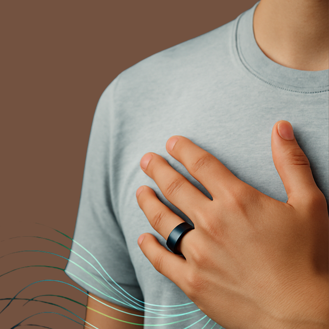 a hand wearing jupitercore smart ring laying on his chest